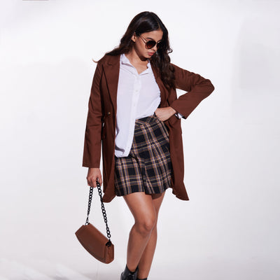 Japanese-inspired Brown Checkered Pleated Mini Skirt