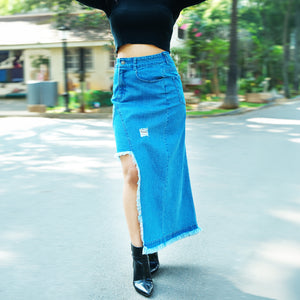 Mid-Blue Cut-out Denim Midi Skirt