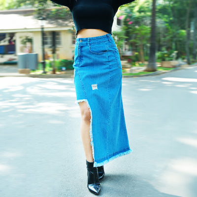 Mid-Blue Cut-out Denim Midi Skirt