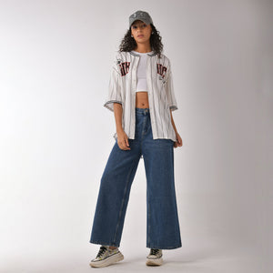 White Striped Baseball Shirt for Women