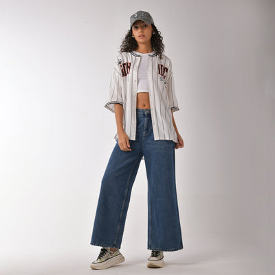 White Striped Baseball Shirt for Women