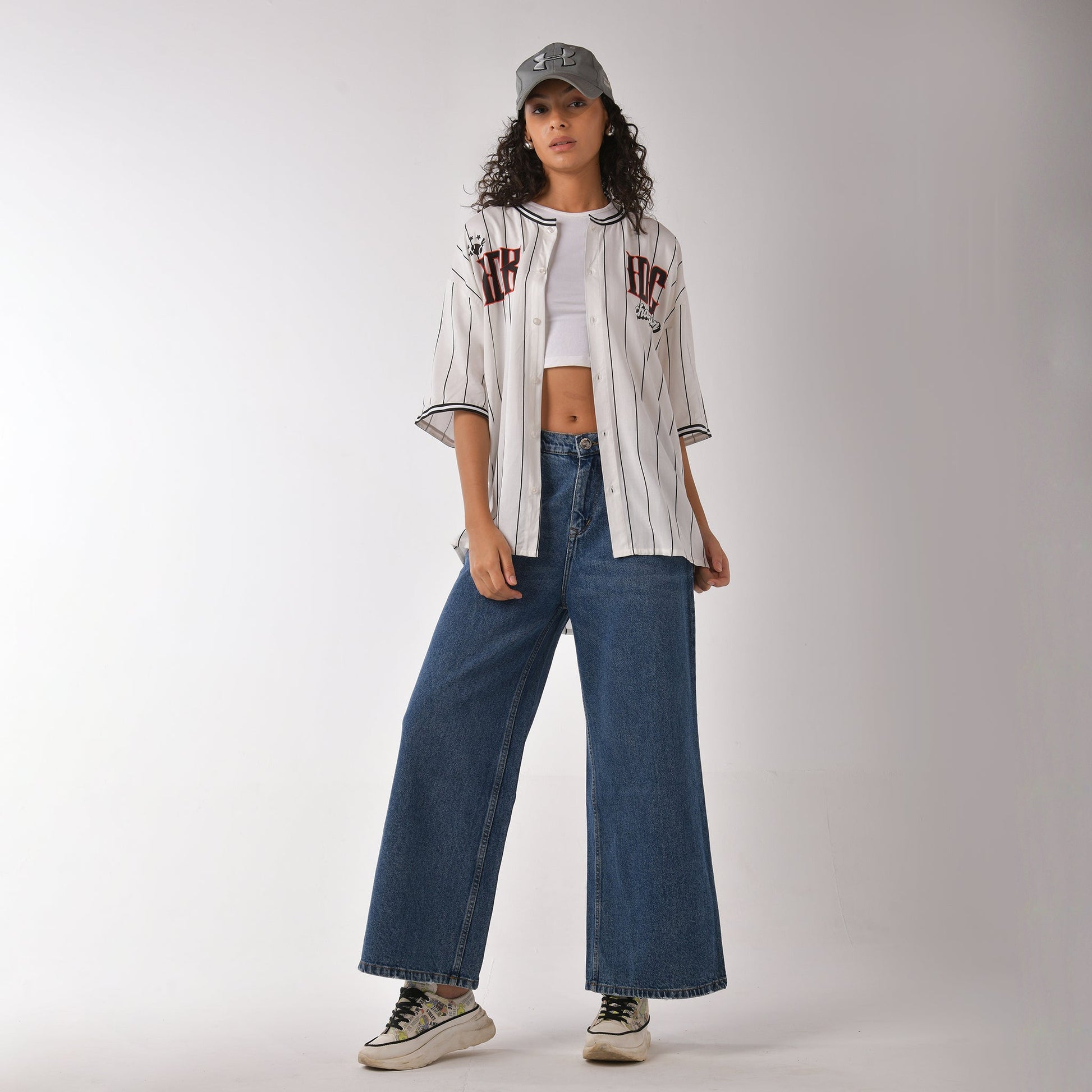 White Striped Baseball Shirt for Women