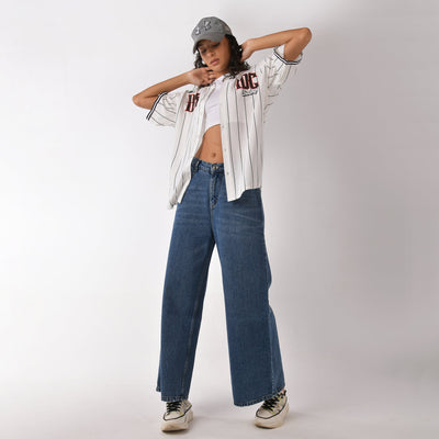 White Striped Baseball Shirt for Women