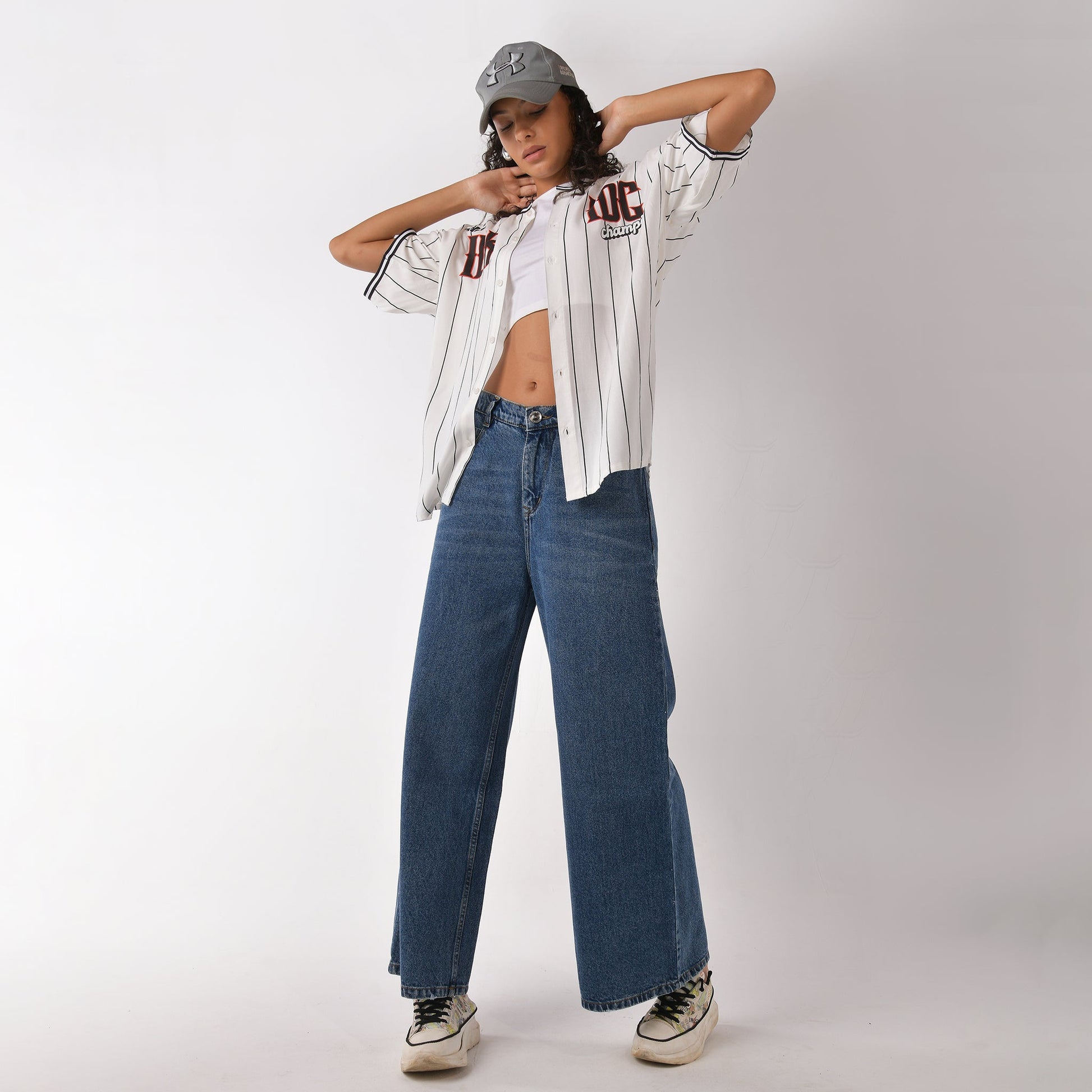 White Striped Baseball Shirt for Women