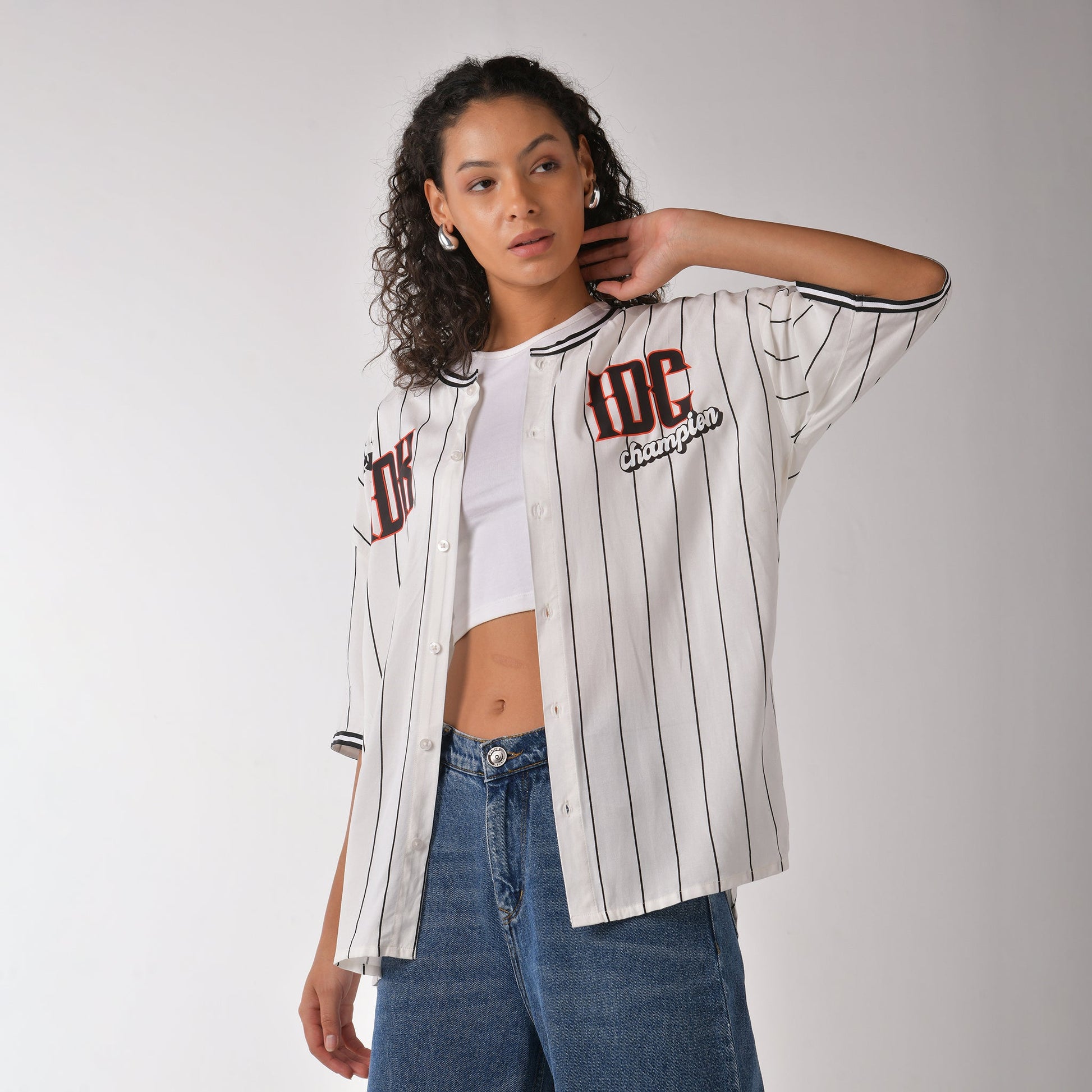 White Striped Baseball Shirt for Women