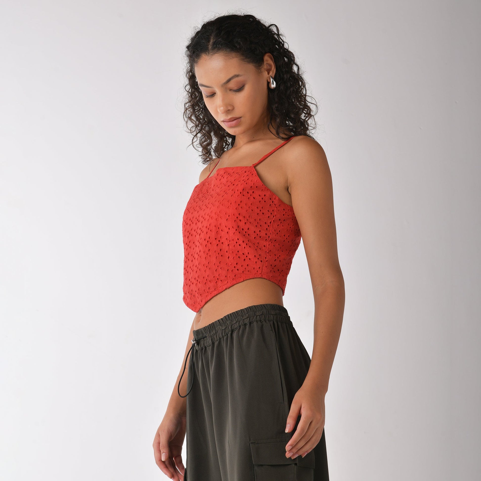 Red strappy scarf top with embroidery
