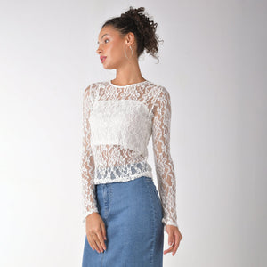 White full sleeve lace top with matching crop camisole