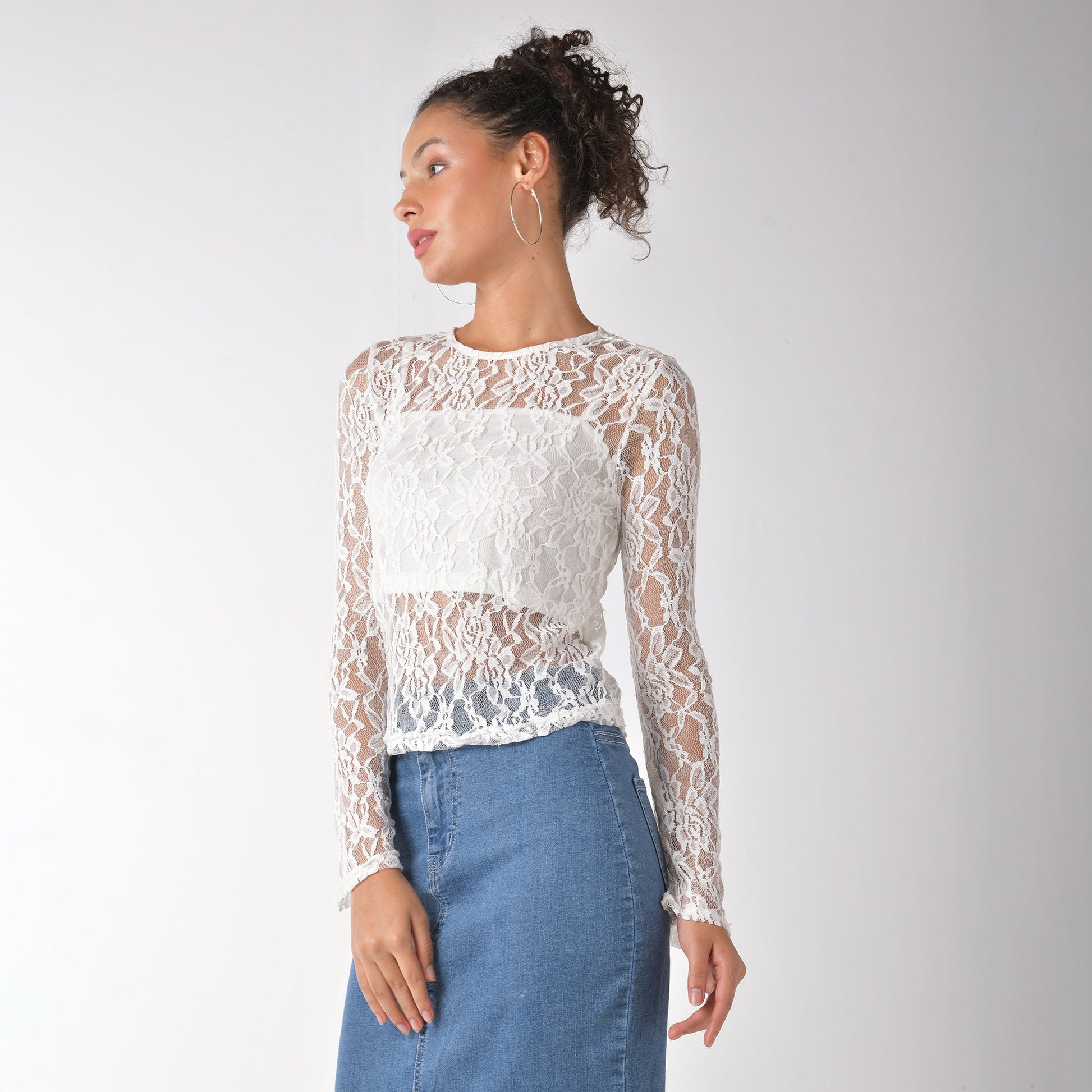 White full sleeve lace top with matching crop camisole