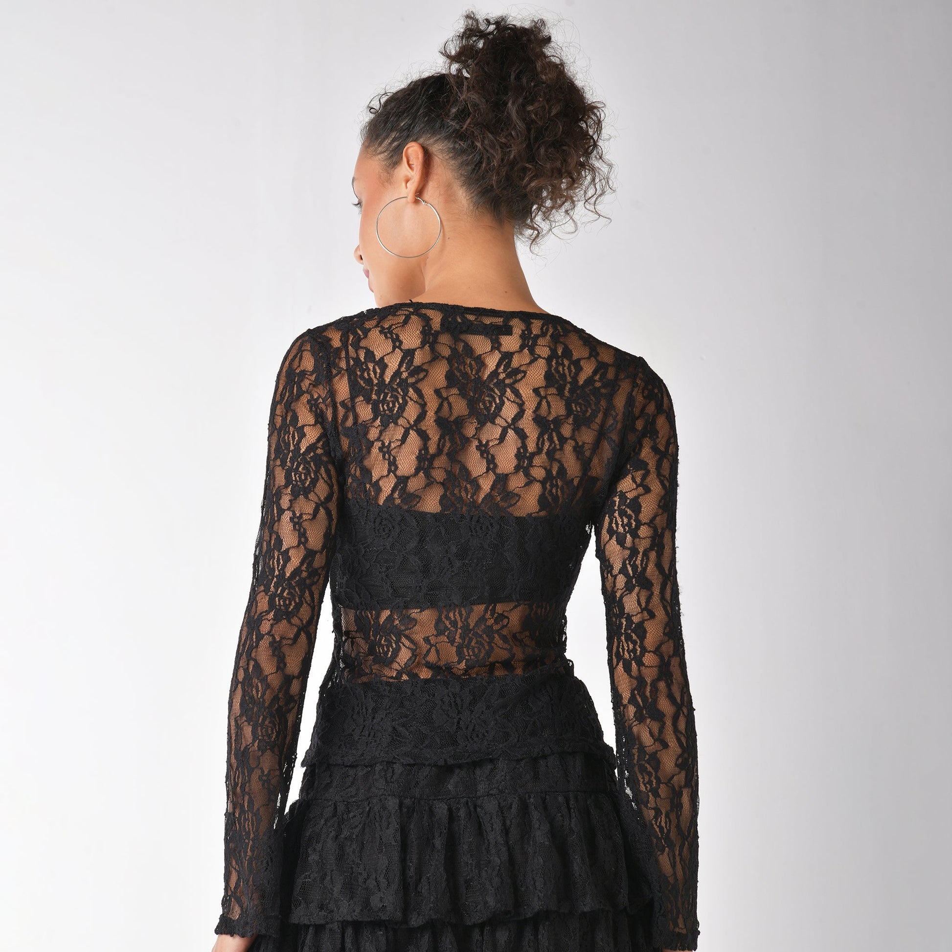Black lace cardigan top with romantic bell sleeves