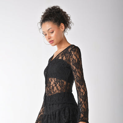 Black lace cardigan top with romantic bell sleeves
