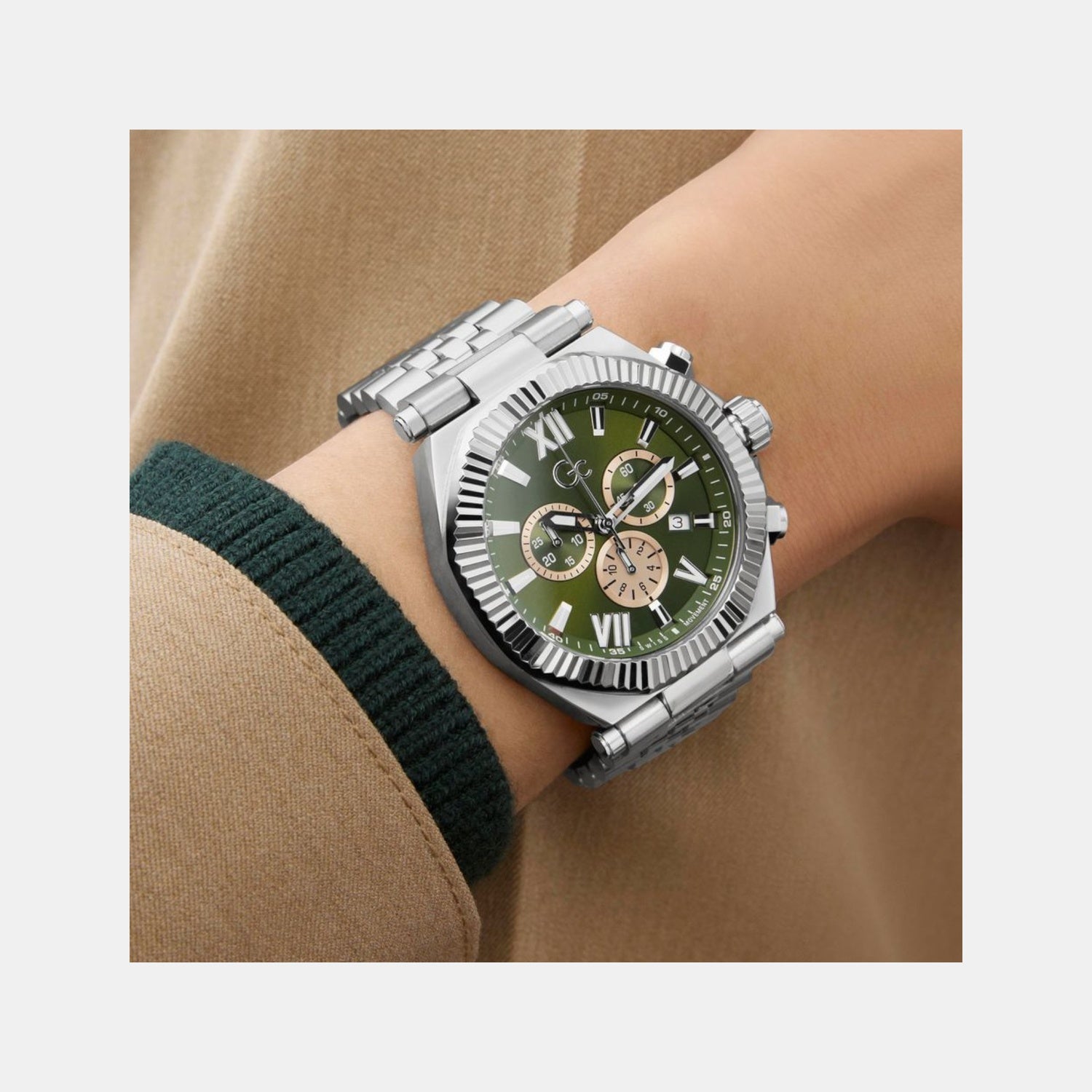 Gc Atlas Men Quartz Green Dial Chronograph Stainless Steel Watch Z66004G9