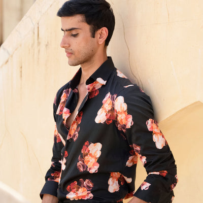 Rare Rabbit Men's Zinnia Black Cotton Fabric Floral Print Full Sleeves Shirt