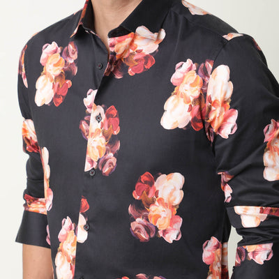 Rare Rabbit Men's Zinnia Black Cotton Fabric Floral Print Full Sleeves Shirt