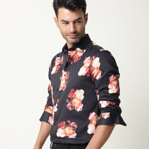 Rare Rabbit Men's Zinnia Black Cotton Fabric Floral Print Full Sleeves Shirt