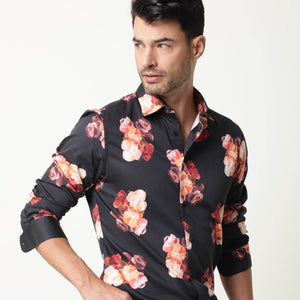 Rare Rabbit Men's Zinnia Black Cotton Fabric Floral Print Full Sleeves Shirt