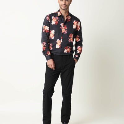 Rare Rabbit Men's Zinnia Black Cotton Fabric Floral Print Full Sleeves Shirt