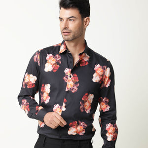 Rare Rabbit Men's Zinnia Black Cotton Fabric Floral Print Full Sleeves Shirt