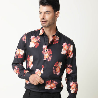 Rare Rabbit Men's Zinnia Black Cotton Fabric Floral Print Full Sleeves Shirt