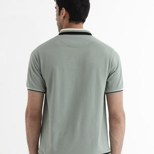 Rare Rabbit Men's Zyte Dusky Green Cotton Fabric Short Sleeves Regular Collar Zipper Closure Plain Knit Polo T-Shirt