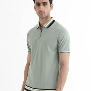 Rare Rabbit Men's Zyte Dusky Green Cotton Fabric Short Sleeves Regular Collar Zipper Closure Plain Knit Polo T-Shirt