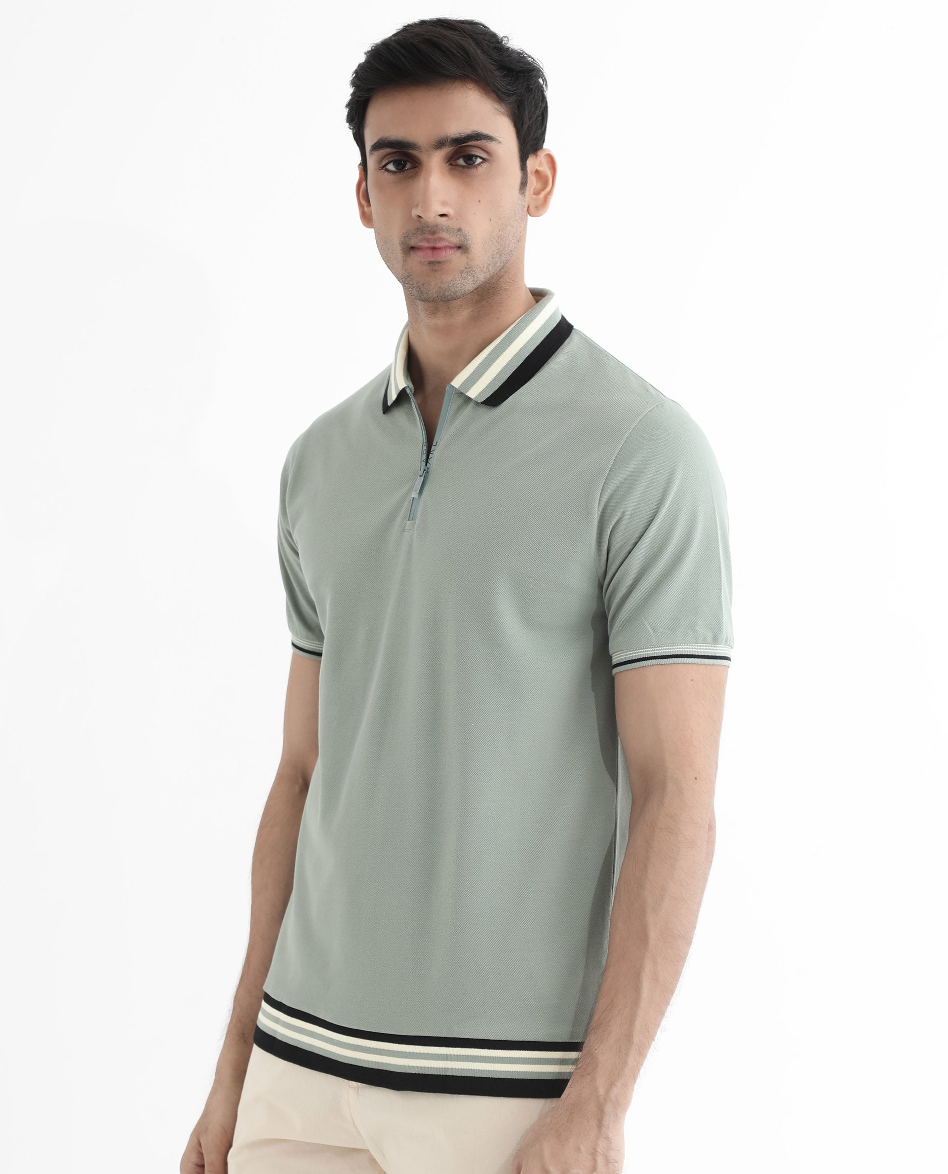 Rare Rabbit Men's Zyte Dusky Green Cotton Fabric Short Sleeves Regular Collar Zipper Closure Plain Knit Polo T-Shirt