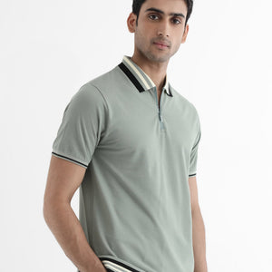 Rare Rabbit Men's Zyte Dusky Green Cotton Fabric Short Sleeves Regular Collar Zipper Closure Plain Knit Polo T-Shirt