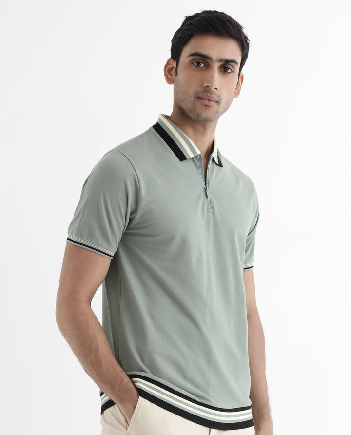 Rare Rabbit Men's Zyte Dusky Green Cotton Fabric Short Sleeves Regular Collar Zipper Closure Plain Knit Polo T-Shirt