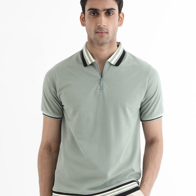 Rare Rabbit Men's Zyte Dusky Green Cotton Fabric Short Sleeves Regular Collar Zipper Closure Plain Knit Polo T-Shirt