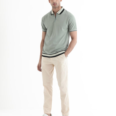 Rare Rabbit Men's Zyte Dusky Green Cotton Fabric Short Sleeves Regular Collar Zipper Closure Plain Knit Polo T-Shirt