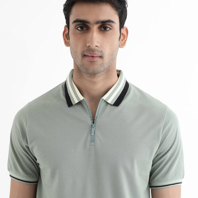 Rare Rabbit Men's Zyte Dusky Green Cotton Fabric Short Sleeves Regular Collar Zipper Closure Plain Knit Polo T-Shirt
