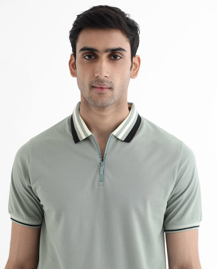 Rare Rabbit Men's Zyte Dusky Green Cotton Fabric Short Sleeves Regular Collar Zipper Closure Plain Knit Polo T-Shirt