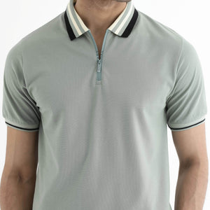 Rare Rabbit Men's Zyte Dusky Green Cotton Fabric Short Sleeves Regular Collar Zipper Closure Plain Knit Polo T-Shirt