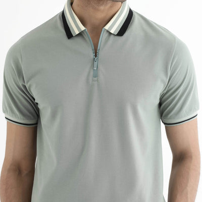 Rare Rabbit Men's Zyte Dusky Green Cotton Fabric Short Sleeves Regular Collar Zipper Closure Plain Knit Polo T-Shirt