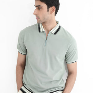 Rare Rabbit Men's Zyte Dusky Green Cotton Fabric Short Sleeves Regular Collar Zipper Closure Plain Knit Polo T-Shirt
