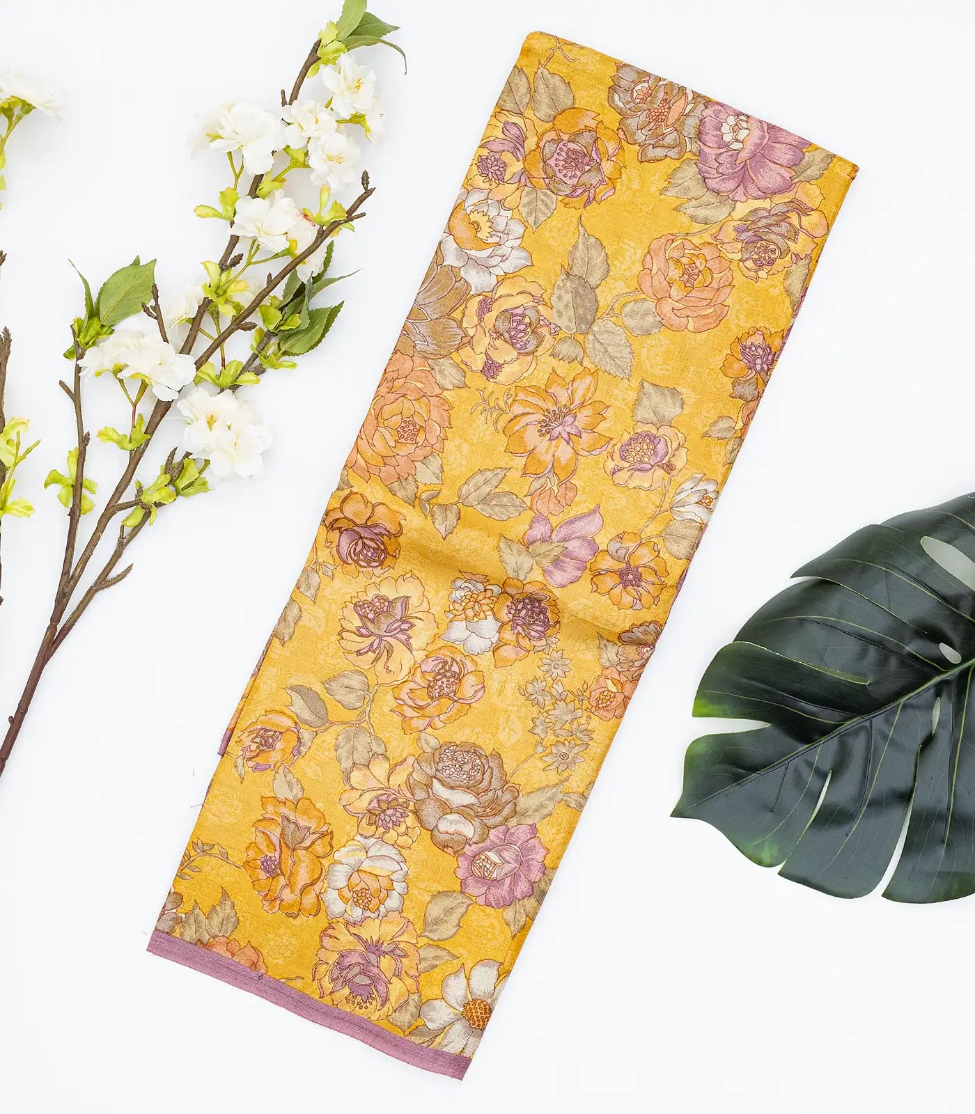 Yellow Woven Digital Printed Chiffon Silk Saree With Floral Motifs