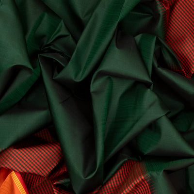 Bottle Green Handloom Kanchipuram Silk Saree With Checks Border