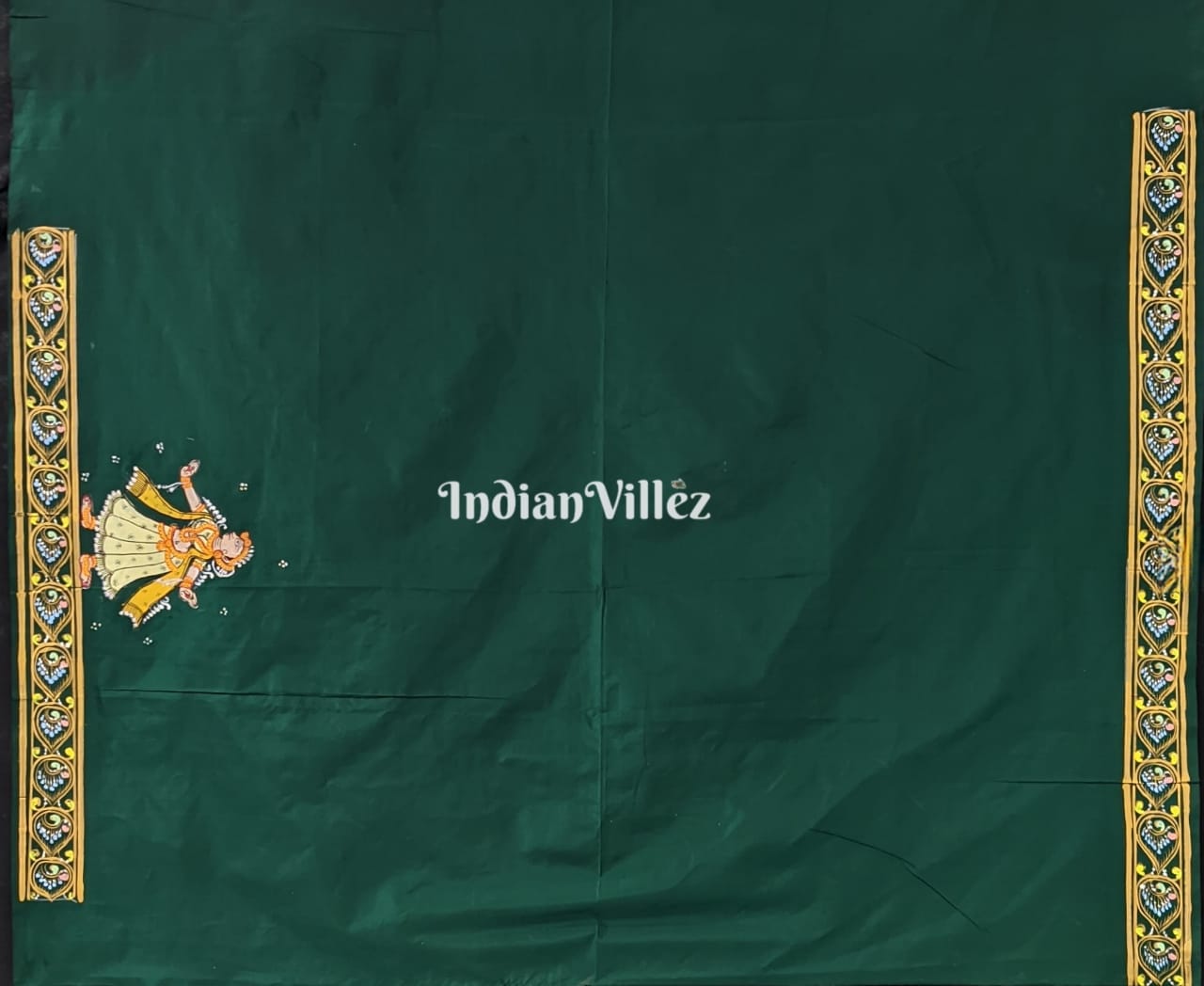 Bottle Green Radha Krishna Pattachitra Silk Saree