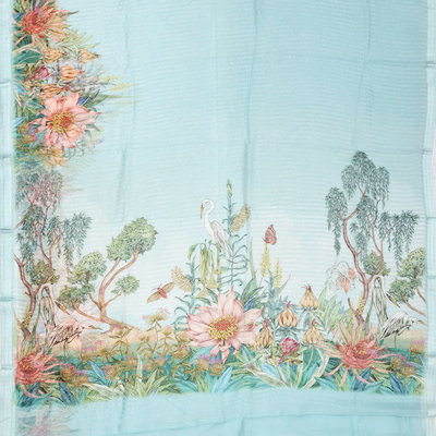 Turquoise Handwoven Banarasi Georgette Silk Saree Printed With Bird Motifs