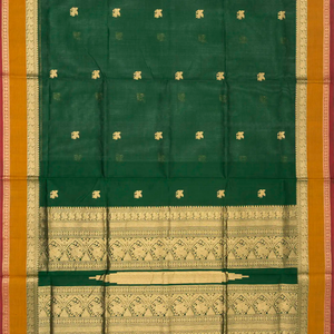 Dark Green Handloom Silk Cotton Saree With Horse Zari Buttas