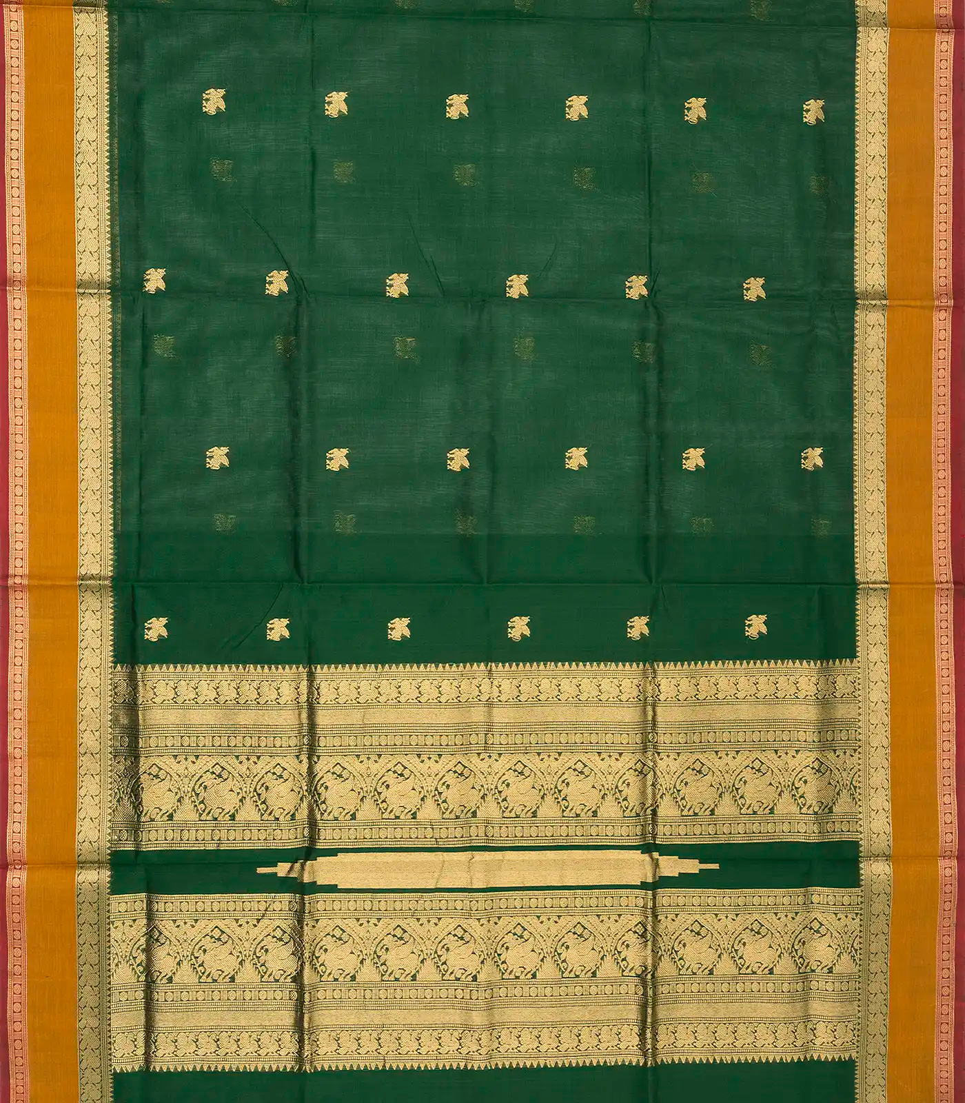 Dark Green Handloom Silk Cotton Saree With Horse Zari Buttas