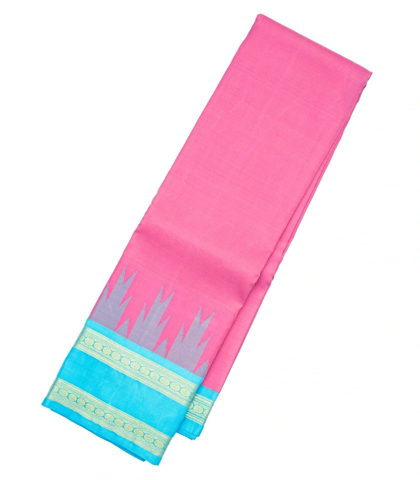 Pink Handloom Kanchipuram Korvai Silk Saree With Turquoise Border
