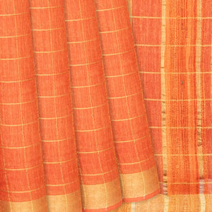 Orange Handwoven Tussar Silk Saree With Checks-Orange
