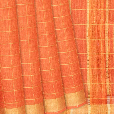 Orange Handwoven Tussar Silk Saree With Checks-Orange