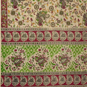 Cream Handloom Kalamkari Cotton Saree With Printed Annam Motifs