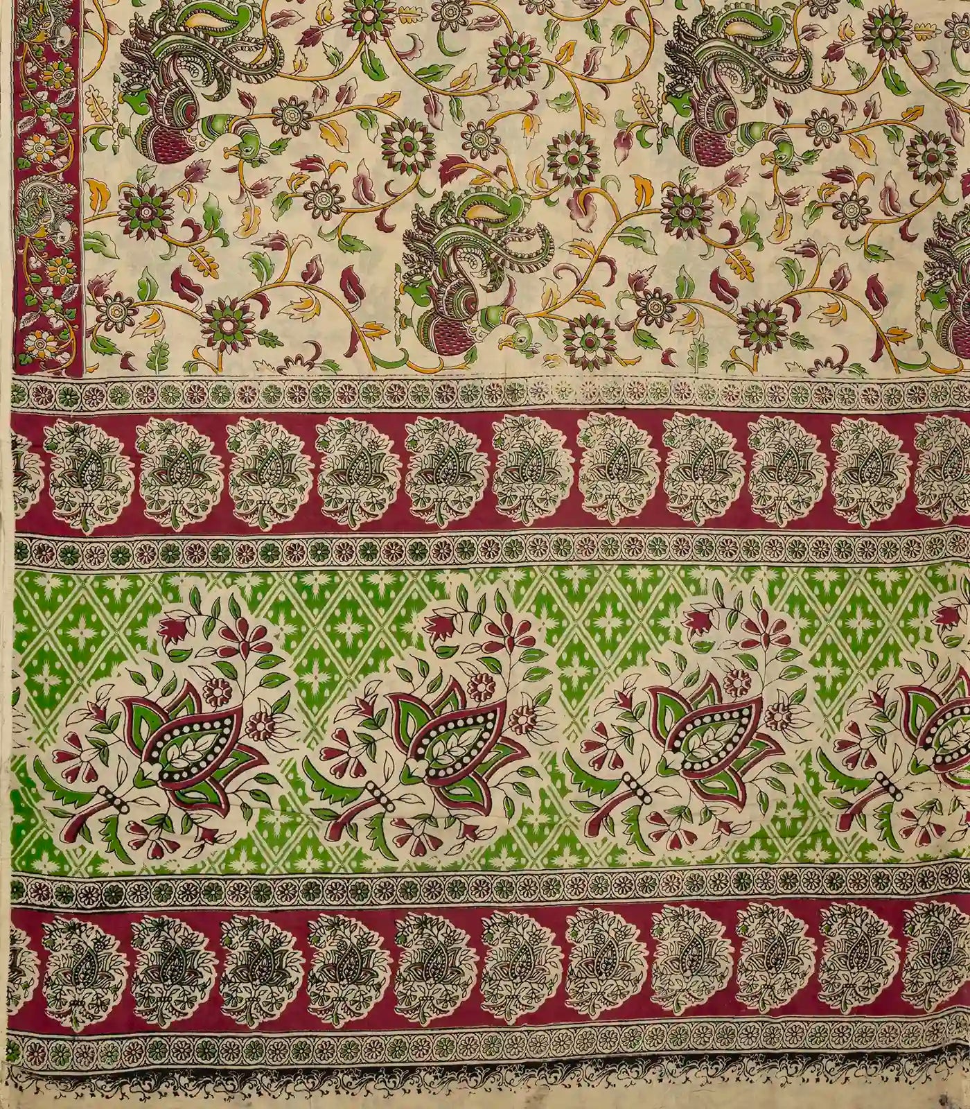 Cream Handloom Kalamkari Cotton Saree With Printed Annam Motifs