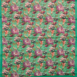 Green Handloom Printed Tussar Silk Saree With Floral Motifs-Green