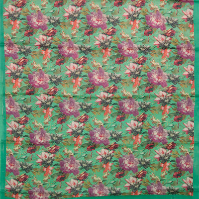 Green Handloom Printed Tussar Silk Saree With Floral Motifs-Green