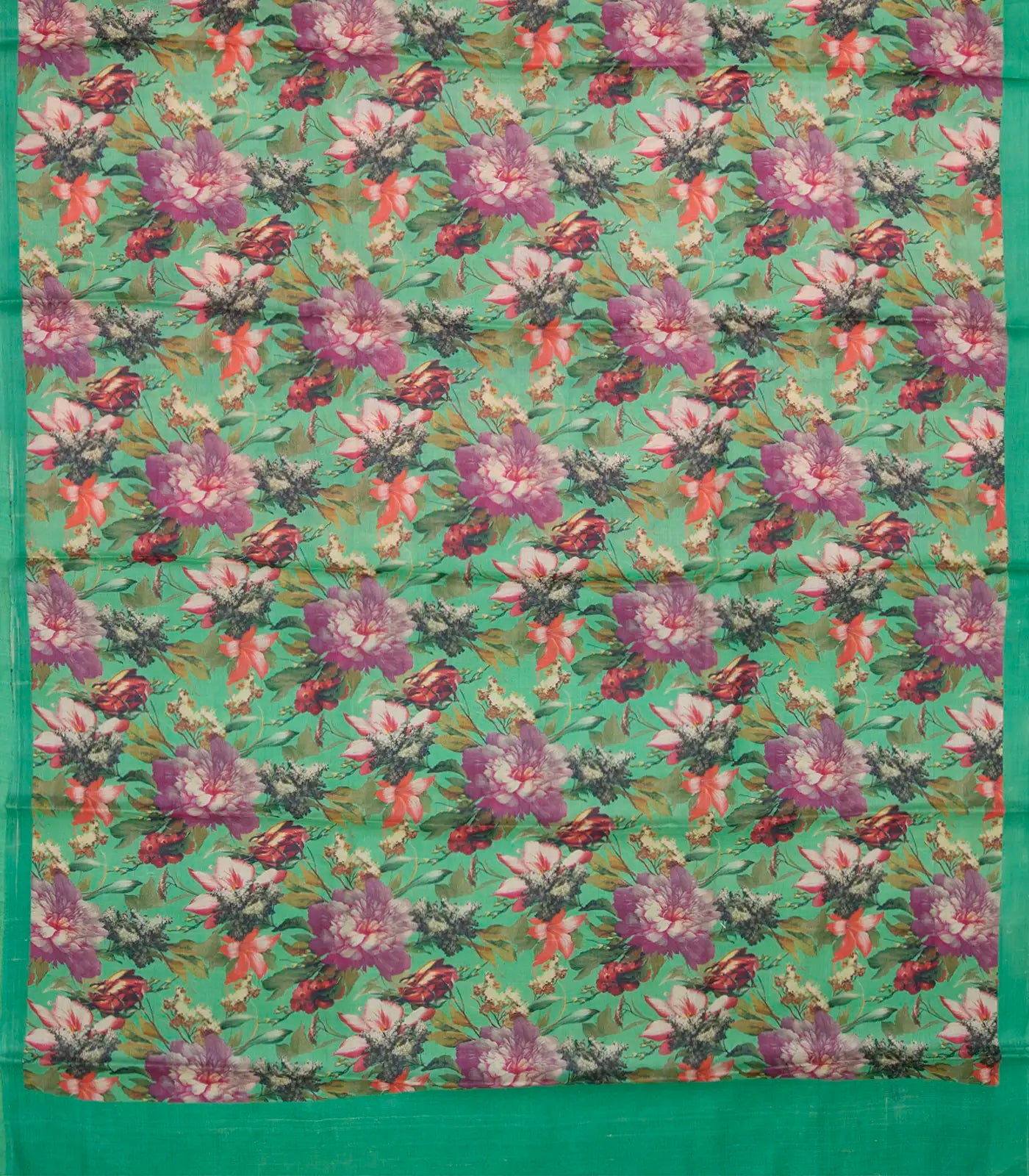 Green Handloom Printed Tussar Silk Saree With Floral Motifs-Green