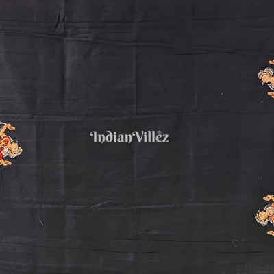 Black Mathura Vijay Theme Hand-Painted Pattachitra Saree