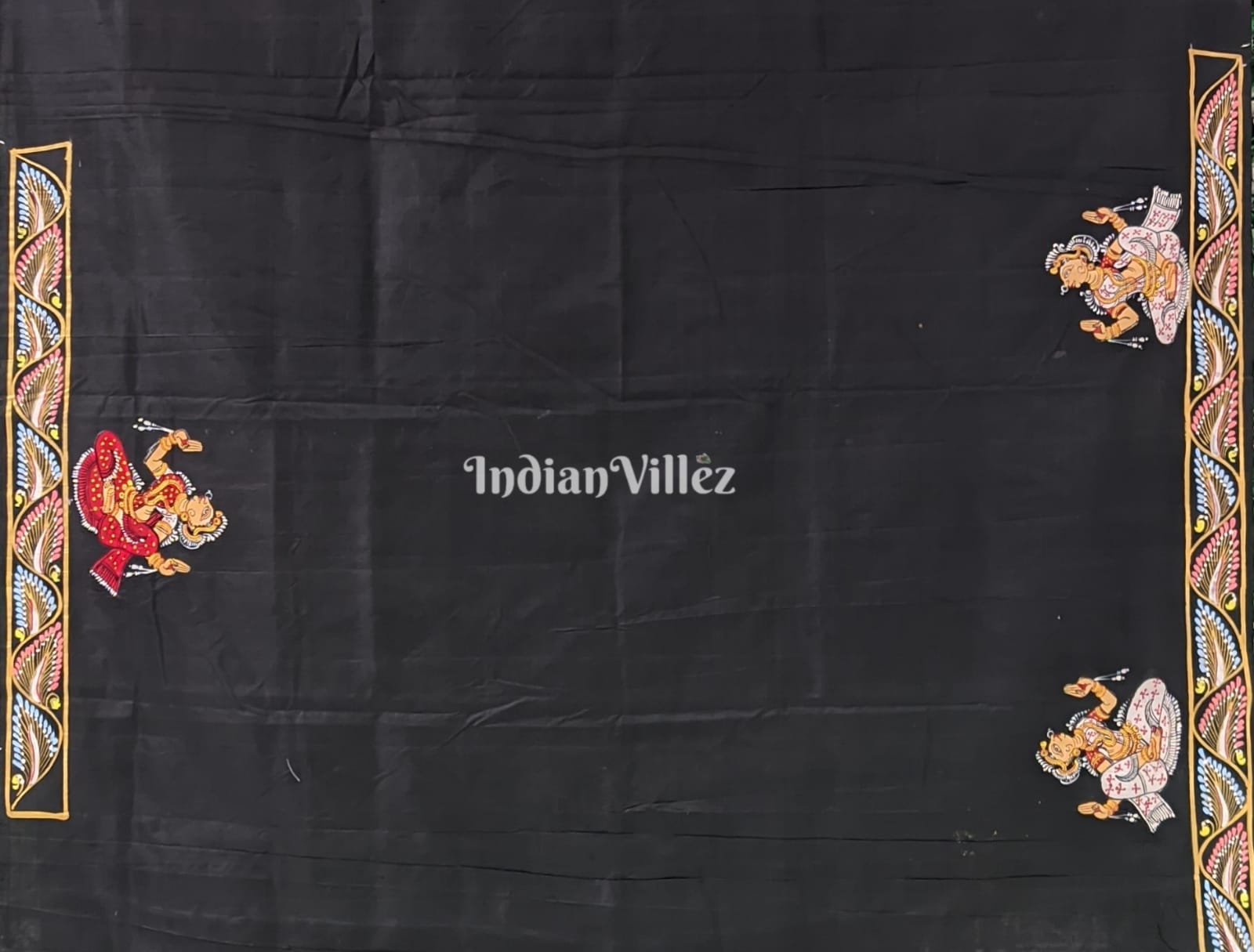 Black Mathura Vijay Theme Hand-Painted Pattachitra Saree